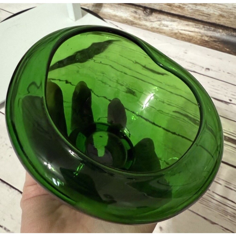 Mid Century Hunter Green Glass Bowl Waved Edge 5” X 3” Tall Vintage MCM Art - Picture 9 of 12